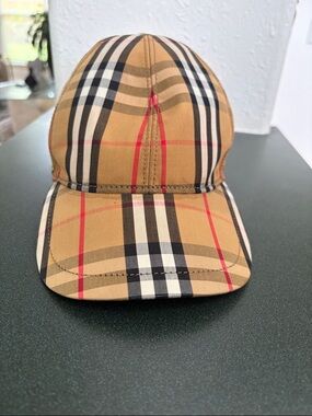 Burberry Tan Check Baseball Cap with Black White and Red Accents